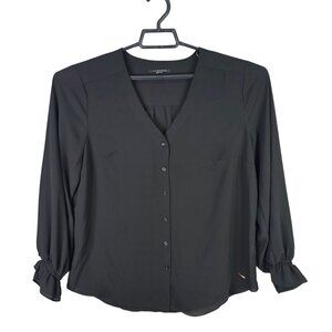 Womens Tahari Black Blouse V-Neck Button Down Long Sleeves Polyester Size XL
